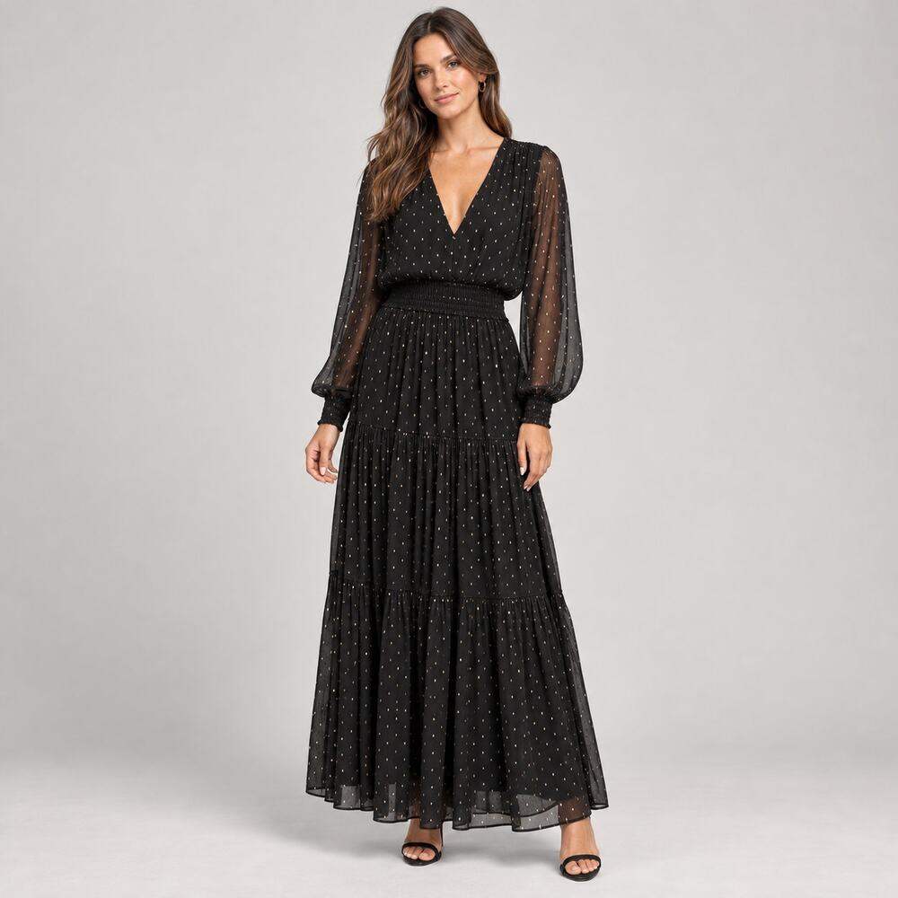 Ramy Brook Rora Black Metallic Clip-Dot Maxi Dress S NWT